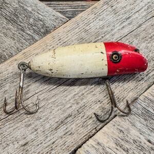 Vintage South Bend Bass Oreno Fishing Lure-Red & White-Wooden-2 Triple Hooks-3”L